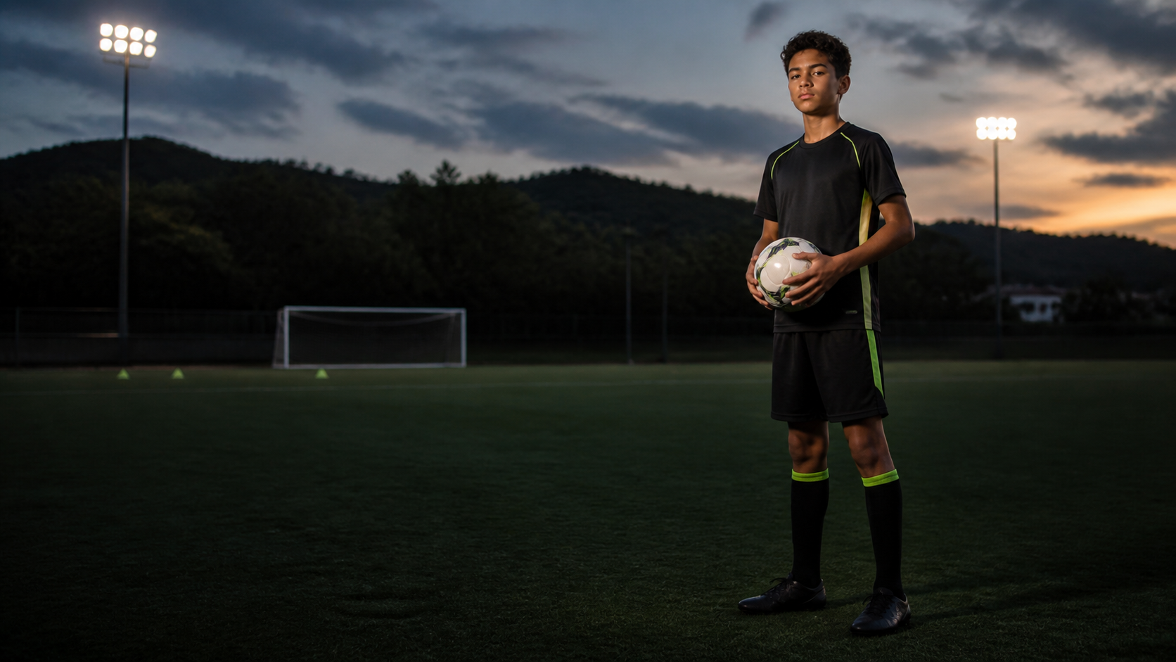 Jovem atleta segurando uma bola em um campo de futebol